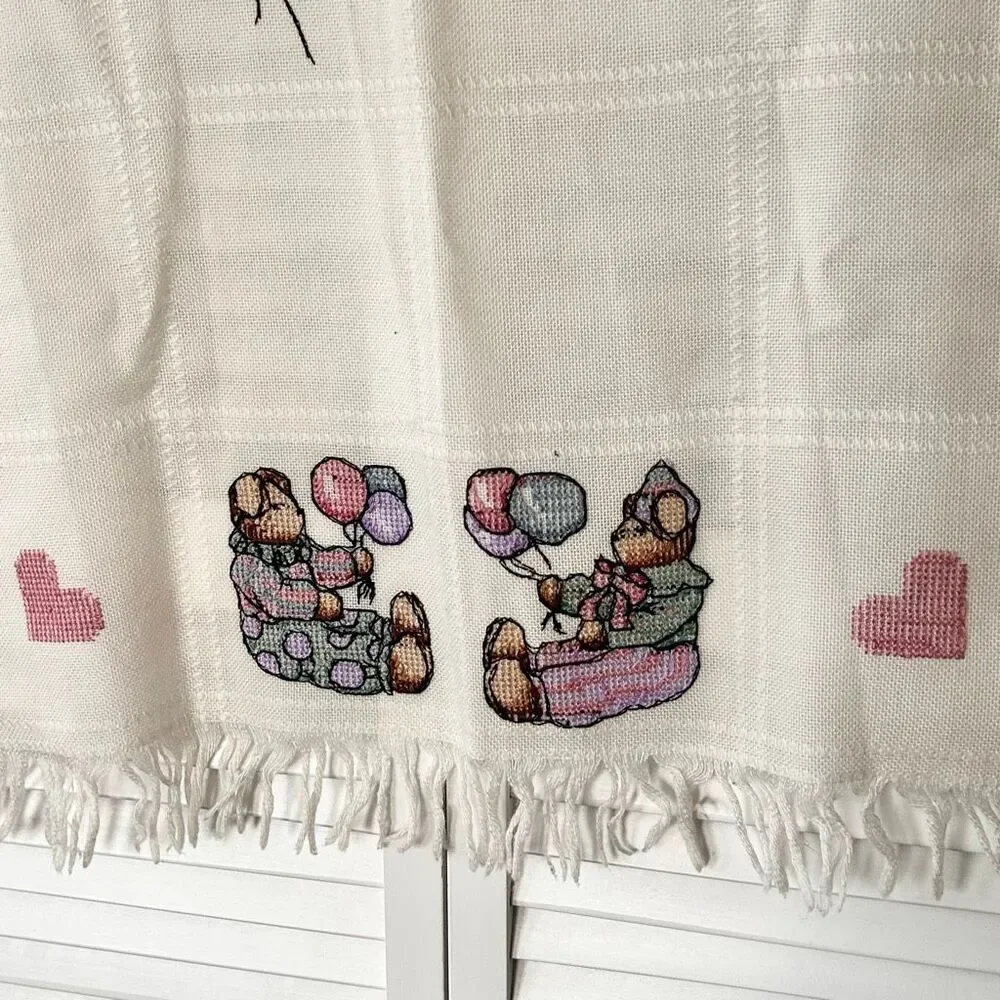 Handmade Vtg Baby Blanket Wool Blend | Nursery Crib Throw Teddy Bears Balloons